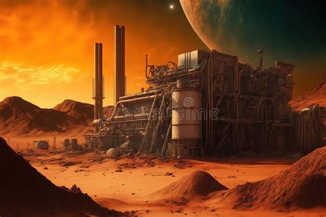 Futuristic Factory On A Mars Like Red Planet With Metallic