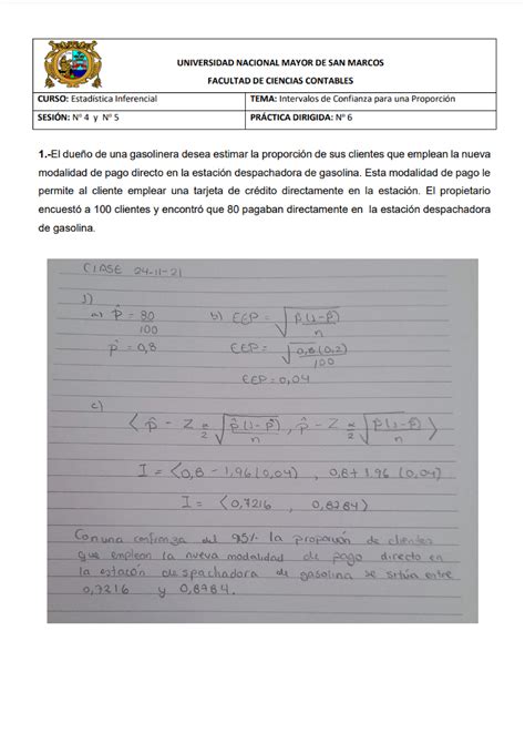 Practica dirigida 6 Estadística y Probabilidades Studocu