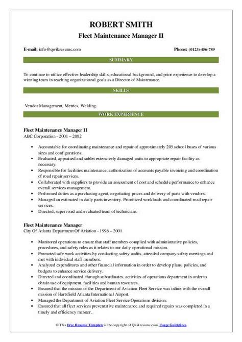 Fleet Maintenance Manager Resume Samples Qwikresume