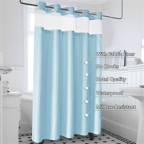 Ikfashoni Blue Hookless Shower Curtain With Snap In Liner Waffle Weave