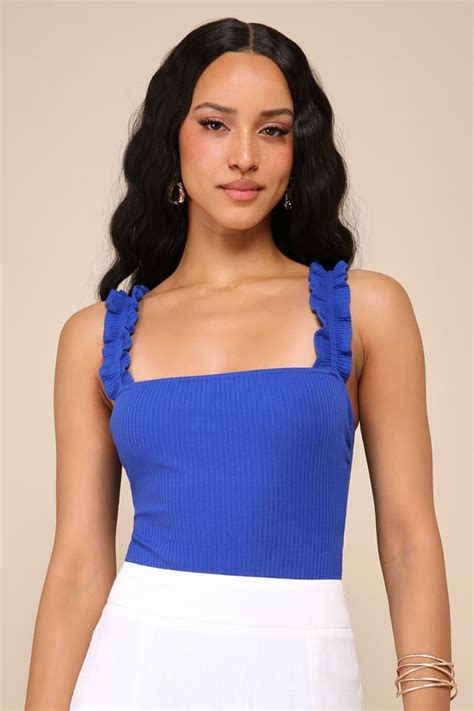 Blue Bodysuit Ruffled Bodysuit Womens Tops Ribbed Top Lulus