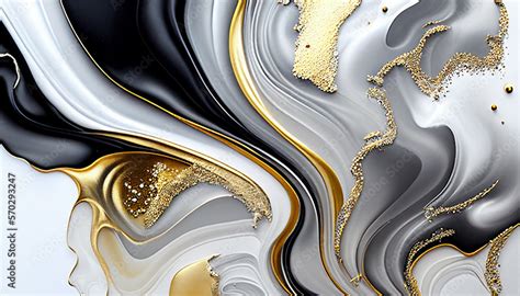 Abstract acrylic texture background fluid art black white and gold ...