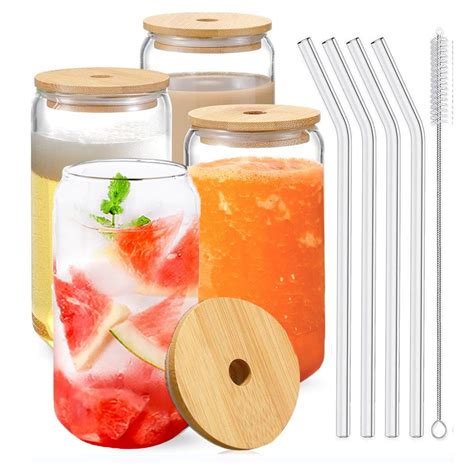 4pcs Drinking Glasses With Bamboo Lids And Glass Straw 16oz Can Shaped Glass Cupsbeer Glasses