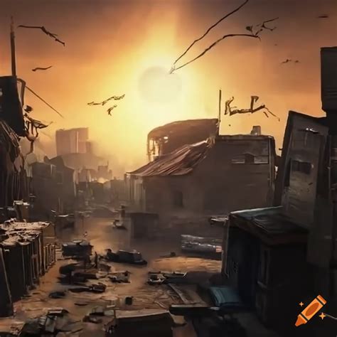 Photorealistic Sci Fi Shanty Town Under Bright Sun In A Daytime Warzone