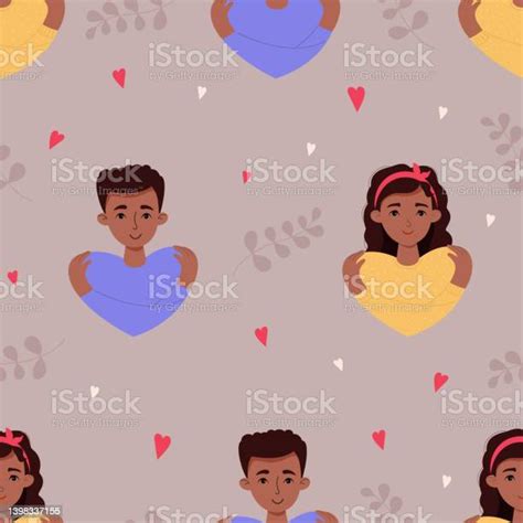 Seamless Pattern With Ethnic Young People Darkskinned Cute Girl With