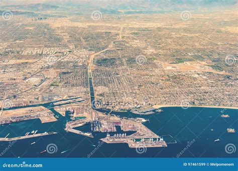 Aerial View Of San Pedro Terminal Island And Long Beach Ca Stock