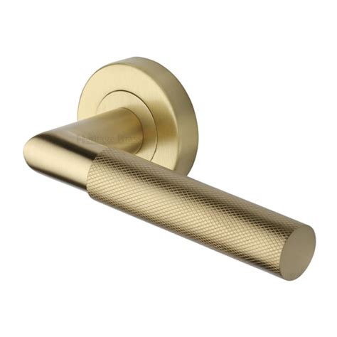 Heritage Brass Door Handle Lever Latch On Round Rose Bauhaus Mitre Knurled Design Polished Brass