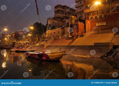 Varanasi India Bunch Of Wooden Boat Docked In Ganges River Next To