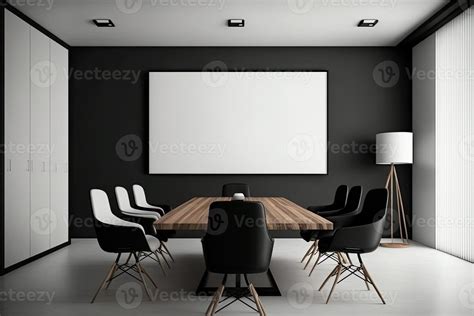 Interior of modern office meeting room black and white with wooden