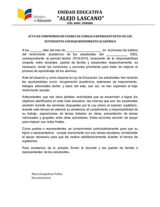 Acta De Compromiso Entre El Padre De Familia O Representante Y La