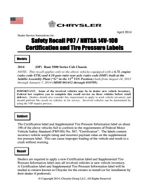 Fillable Online Safety Recall P07 NHTSA 14V 100 Certification And