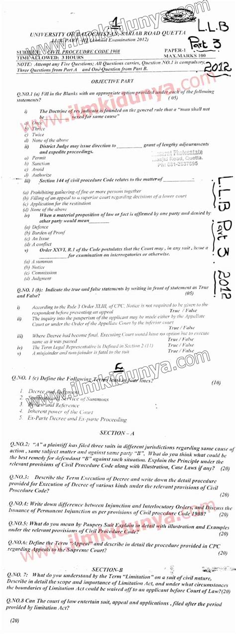 Past Papers 2012 Balochistan University Llb Part 3 Code Of Civil Procedure