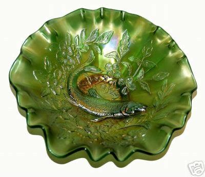 Millersburg Rare Green Trout Fly Carnival Glass Bowl