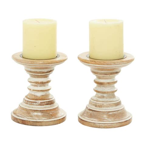 Litton Lane Brown Mango Wood Candle Holder Set Of 2 51513 The Home