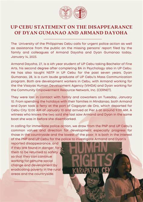 UP Cebu Statement On The Disappearance Of Dyan Gumanao And Armand