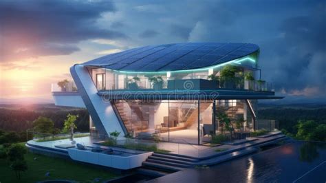 A Futuristic Eco Friendly House With Solar Panels On The Roof And Lush