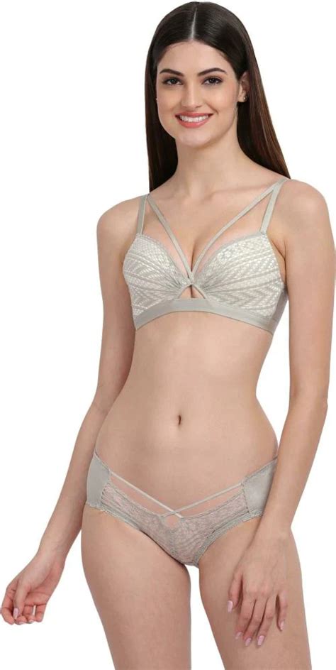 Buy Gokix Women Grey Self Design Cotton Lycra Blend Lingerie Set Online