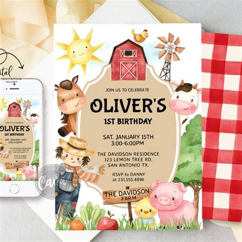 Boy Barnyard Birthday Invitation Editable Farm Birthday Etsy