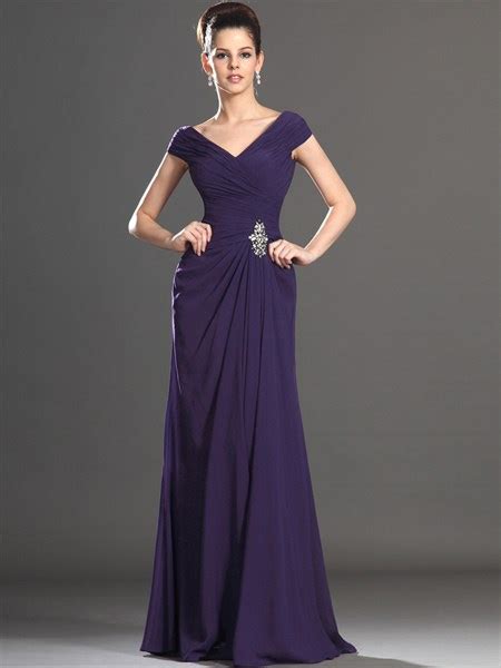 Purple Sheath V Neck Chiffon Mother Of The Bride Dresses With Cap Sleeve Linda Dress