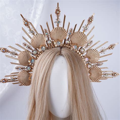 Gold Shell Pearl Halo Crown For Women Zip Tie Jewelry Gold Glitter Crown Wedding Halo Crown