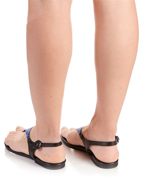 Flat Flip Flops Sandals In Blue And Black Leather Save The Queen