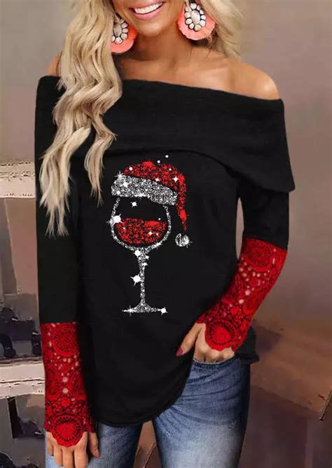 Christmas Hat Wine Glass Lace Splicing Blouse Black Fairyseason