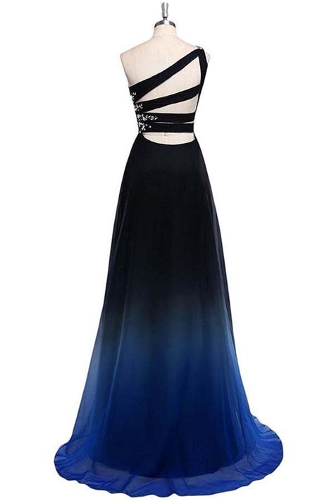 Prom Dress One Shoulder Blue And Black Chiffon A Line Ombre Open Back