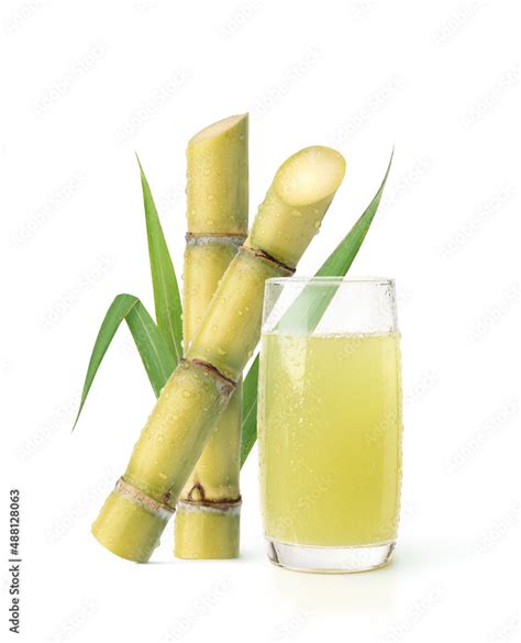 Cool Squeezed Sugar Cane Juice With Fresh Sugar Cane Isolated On White