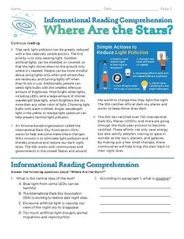 Informational Reading Comprehension Where Are The Stars By Vega School