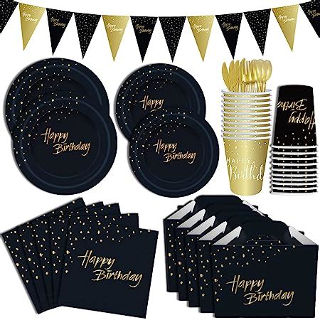 Nkaiso Pcs Noir Or Anniversaire Party Vaisselle Kit Vaisselles