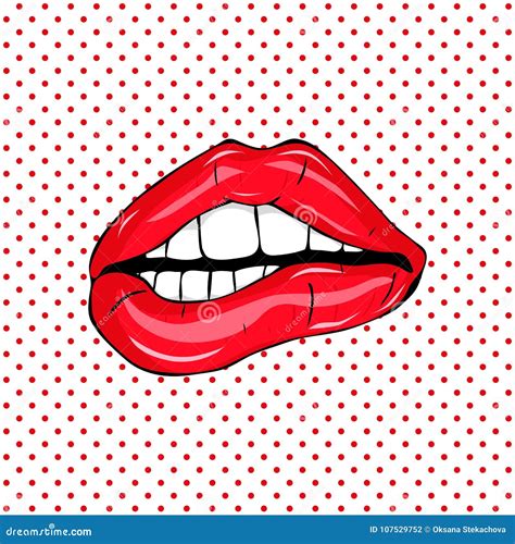 Sweet Pop Art Pair Of Glossy Vector Lips Open Wet Red Lips With Teeth Pop Art Set Backgrounds