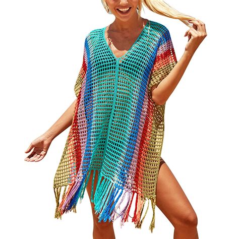CAIVO Women Swimwear Rainbow Colored Hollowed Out Beach Smock Seaside Holiday Beach Bikini