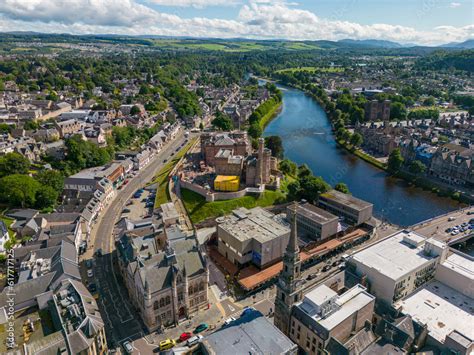 An Aerial Drone Photo Of The Town Centre In Inverness And The River