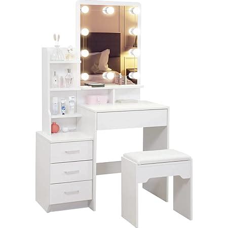 CLIPOP Blanc Coiffeuse Avec Miroir Table De Maquillage Avec 4 Tiroirs