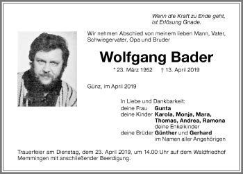 Traueranzeigen Von Wolfgang Bader Augsburger Allgemeine Zeitung