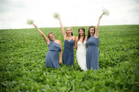 Bridesmaids photos in field, wearing Joanna August Blue Moon dresses. | Bridesmaids photos, Moon ...