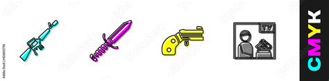 Set M16a1 Rifle Military Knife Small Gun Revolver And Advertising Weapon Icon Vector Stock