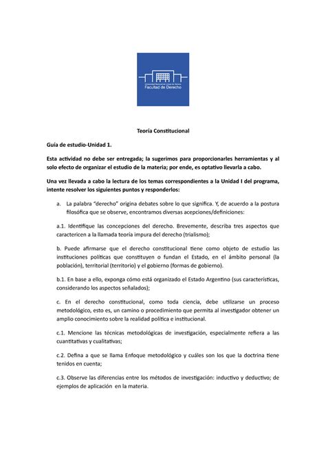 Guía de estudio Unidad I Teoría Constitucional Guía de estudio Unidad