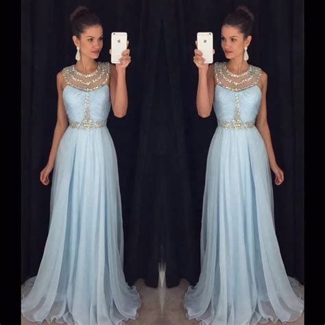 Light Blue Prom Dresses Beaded Sequins O Neckline Long Chiffon Prom