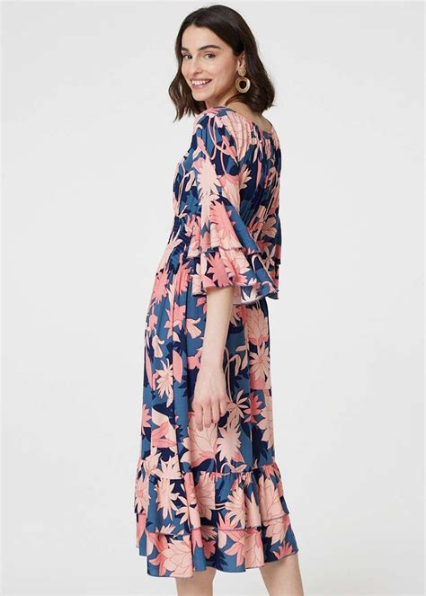 Izabel London Navy Floral 3 4 Sleeve Ruffled Midi Dress Matalan