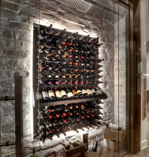 Modern Wine Cellar With Stone Wall And LED Back Lighting Adega