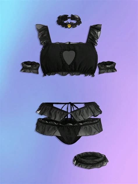 ROMWE Kawaii Plus 6pack Heart Cut Out Ruffle Trim Lingerie Set SHEIN USA