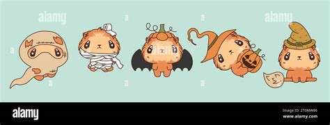 Set Of Vector Halloween Guinea Pig Illustrations Collection Of Kawaii