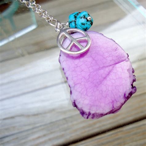 Peace Sign Necklace Purple Agate Jewelry Gemstone Jewellery Slice Slab ...