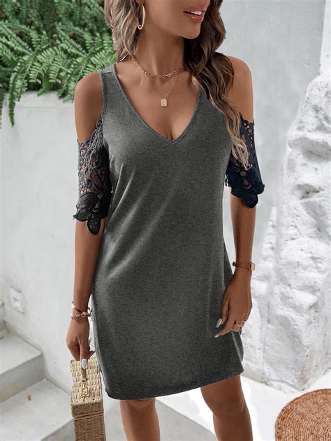 SHEIN LUNE Contrast Lace Cold Shoulder Dress SHEIN USA