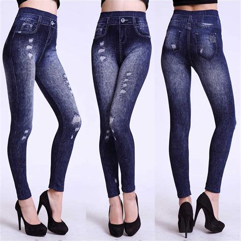 Womens Seamless Leggings Faux Denim Trendy Jeggings Stars And