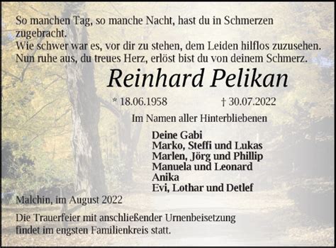 Traueranzeigen Von Reinhard Pelikan Trauer Nordkurier