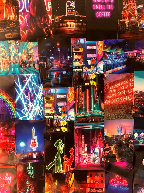 60 PCS Neon Aesthetic Photo Collage Kit City Nightlife Pink Blue ...