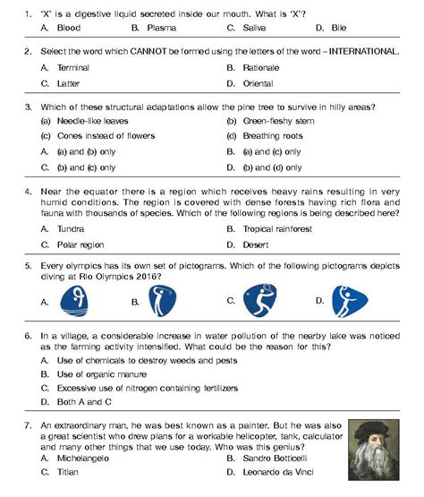 Gk Olympiad Class 6 Sample Question Paper 07 Olympiad Tester