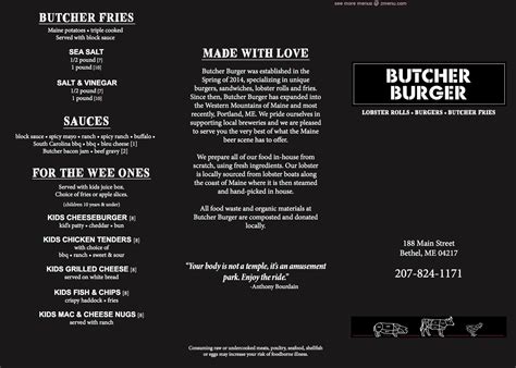 Online Menu of Butcher Burger Maine Restaurant, Bethel, Maine, 04217 ...